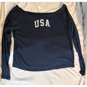 Hollister XL USA Long Sleeve Top Boat Neck Navy Blue American Flag NO FLAWS